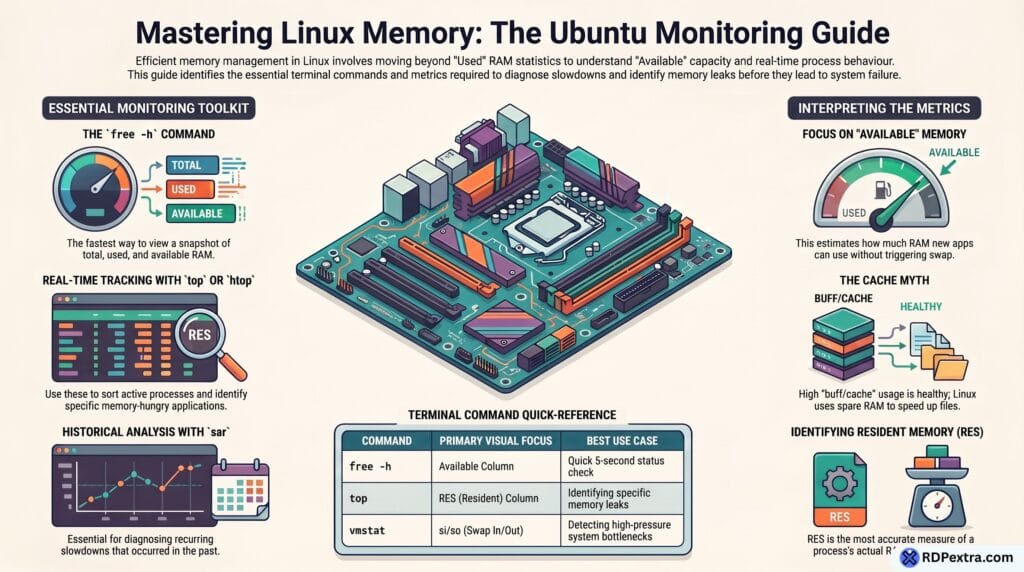 Infographic explaining Linux memory monitoring using free, top, htop, vmstat, and sar commands in Ubuntu.