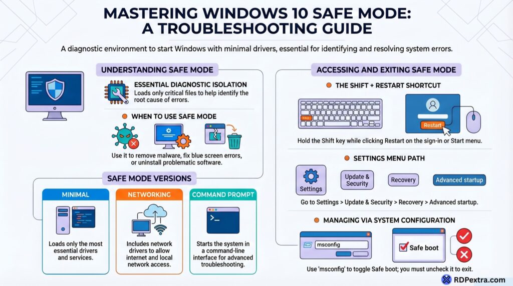 Windows 10 safe mode troubleshooting guide showing how to access safe mode and different boot options