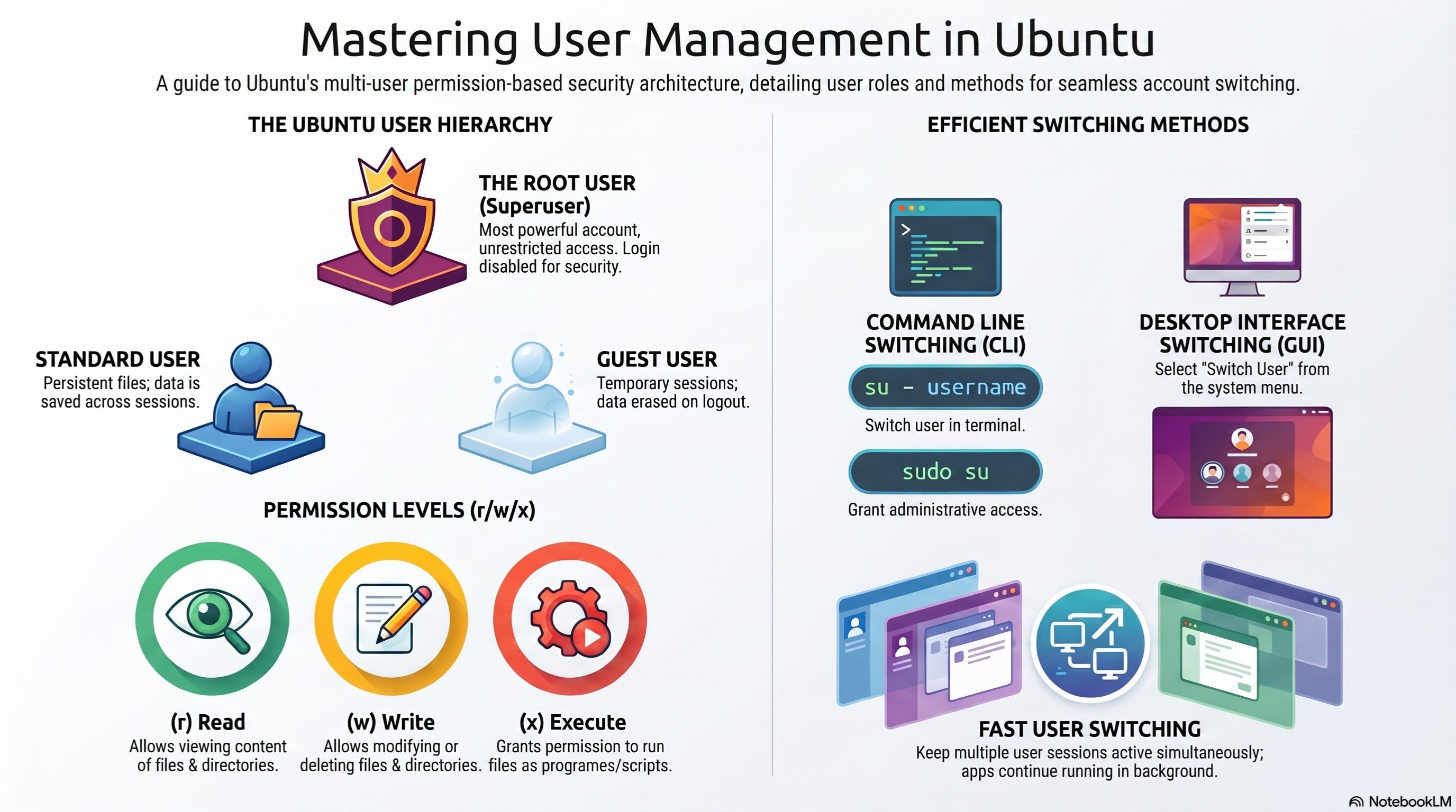 Infographic explaining Ubuntu user management, including user types, permission levels, user switching methods, and administrative access using CLI and GUI tools.