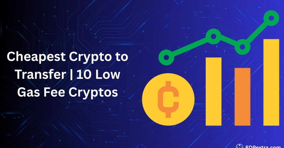 Cheapest crypto to transfer infographic showing 10 low gas fee cryptocurrencies for affordable transactions