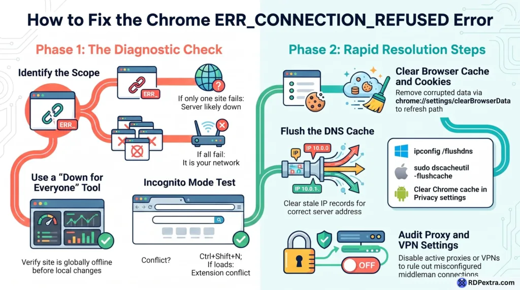 Infographic explaining how to fix the Chrome ERR_CONNECTION_REFUSED error by checking connectivity, clearing cache, flushing DNS, and reviewing proxy or VPN settings.