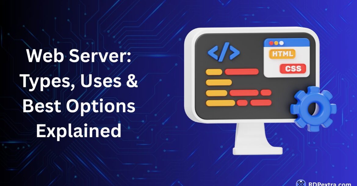 Web server types uses and best options explained with HTML CSS coding interface illustration