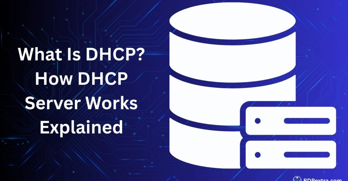 What is DHCP infographic featuring a server database icon and an overview of how DHCP servers automatically assign IP addresses to network devices.