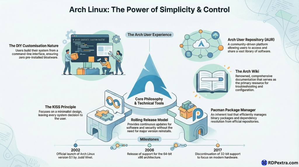 Arch Linux features infographic showing KISS principle, AUR, Pacman package manager, rolling release model, and customization