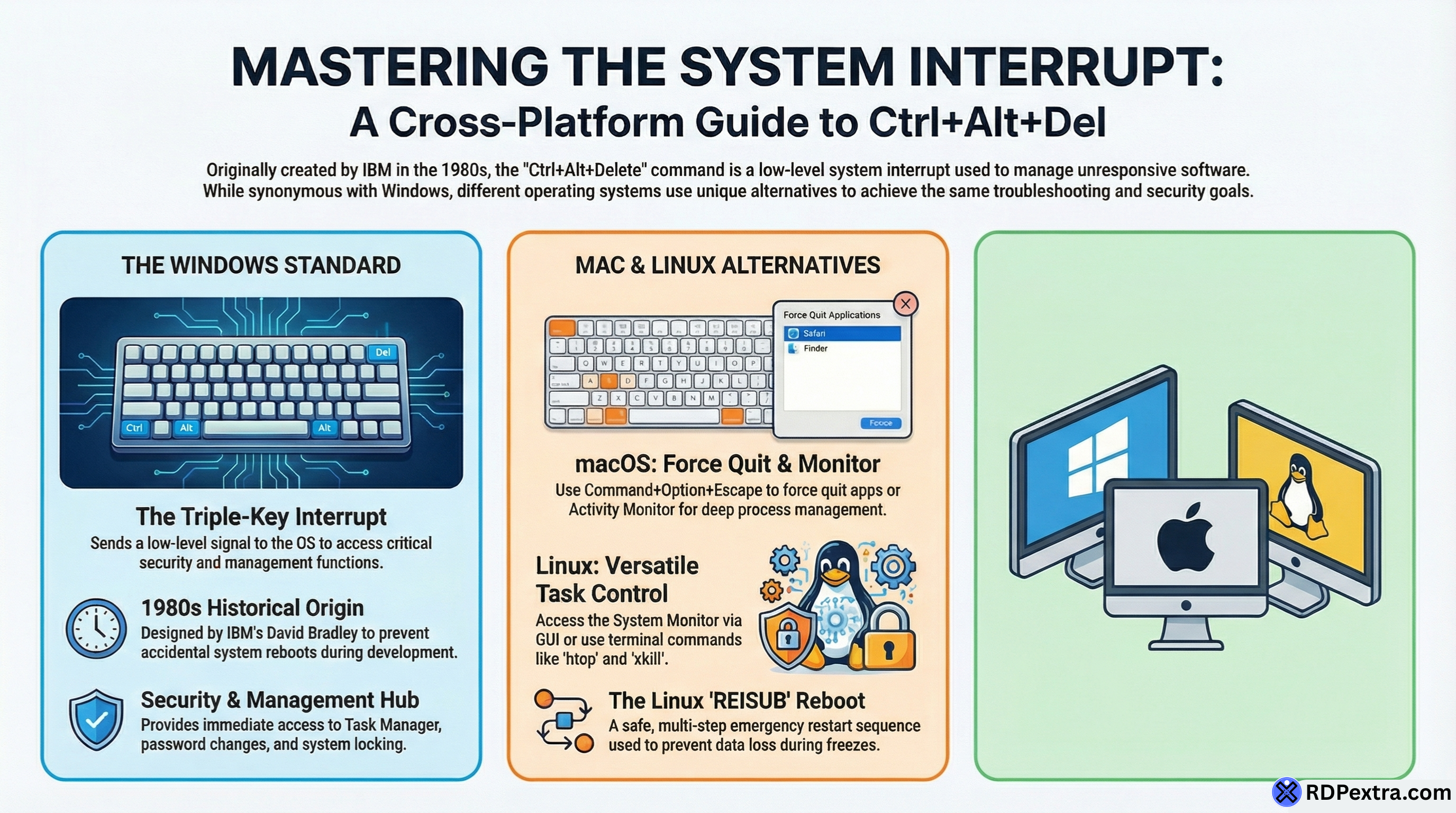 Ctrl Alt Delete infographic showing Windows shortcut, Mac and Linux alternatives, system interrupt functions, and task management tools
