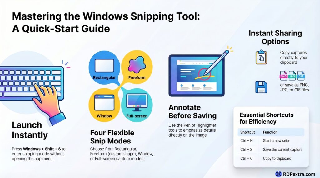 Mastering Windows Snipping Tool guide showing shortcuts, snip modes, and screenshot editing features
