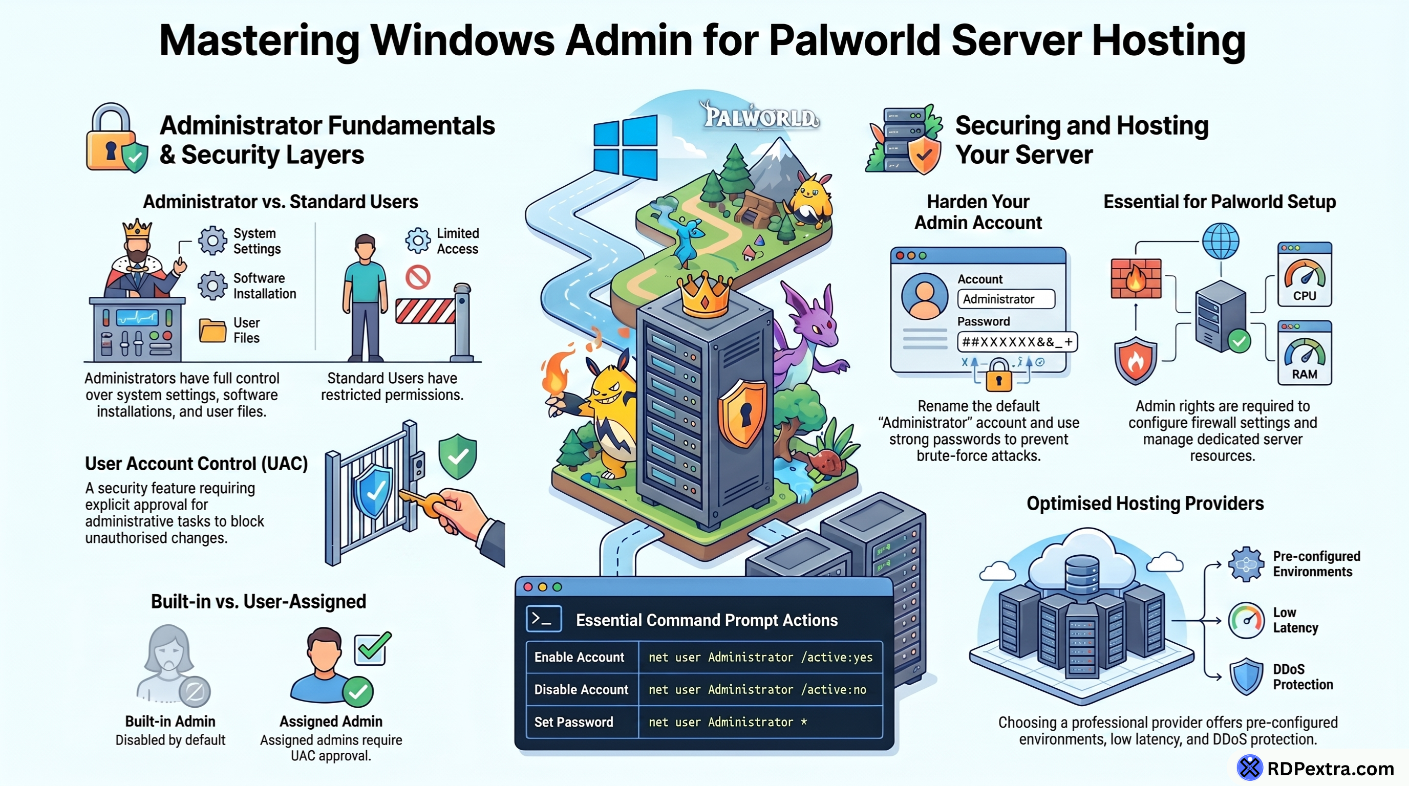 Infographic explaining Windows Administrator account management for Palworld server hosting, including security settings, UAC, admin privileges, server protection, and command prompt actions.