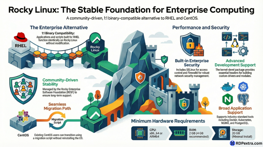 Rocky Linux enterprise features infographic showing RHEL compatibility, security, kernel development support, and system requirements