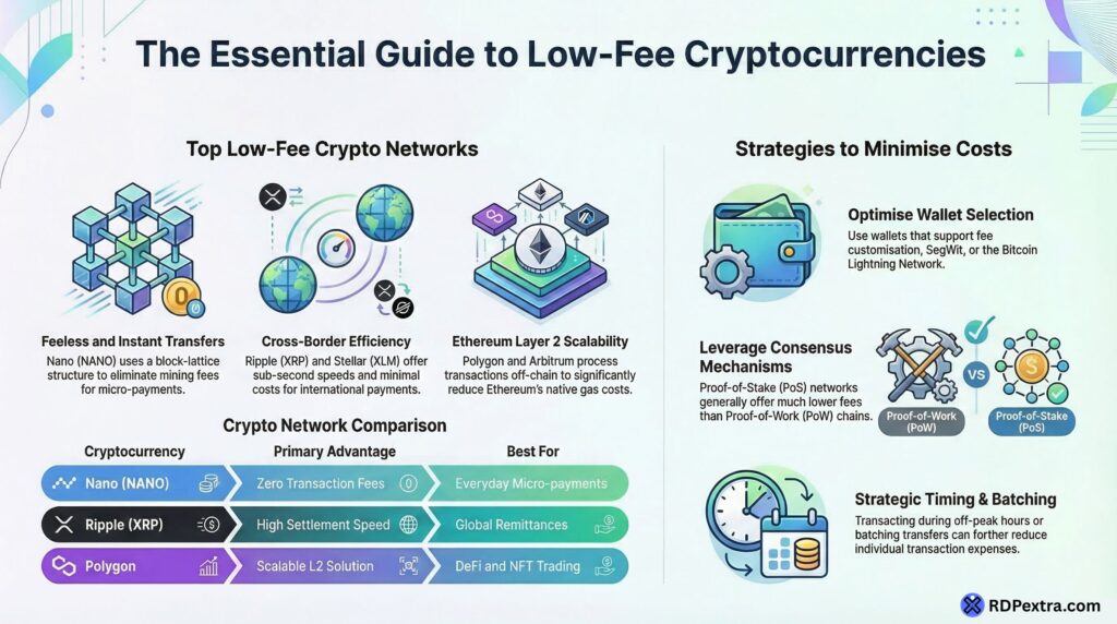 Essential guide to low fee cryptocurrencies infographic showing Nano, Ripple, Polygon and strategies to minimize crypto transaction costs