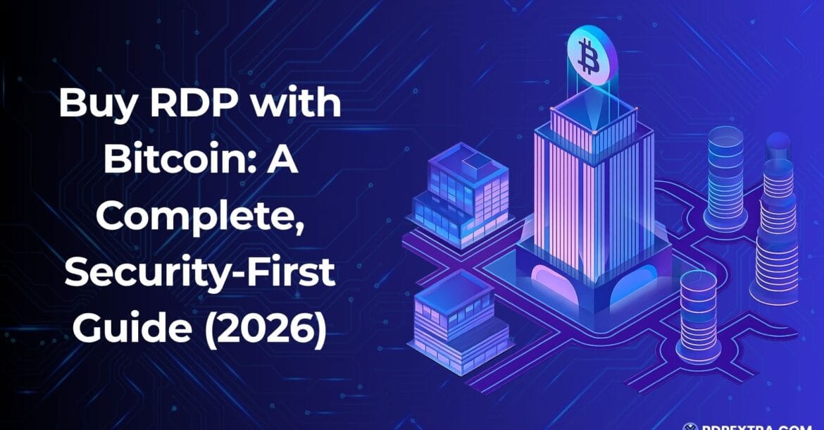Illustration of a futuristic data center with a Bitcoin symbol above a server, promoting a 2026 guide on buying RDP with Bitcoin. The graphic includes the title "Buy RDP with Bitcoin: A Complete, Security-First Guide (2026)" and RDPExtra branding.