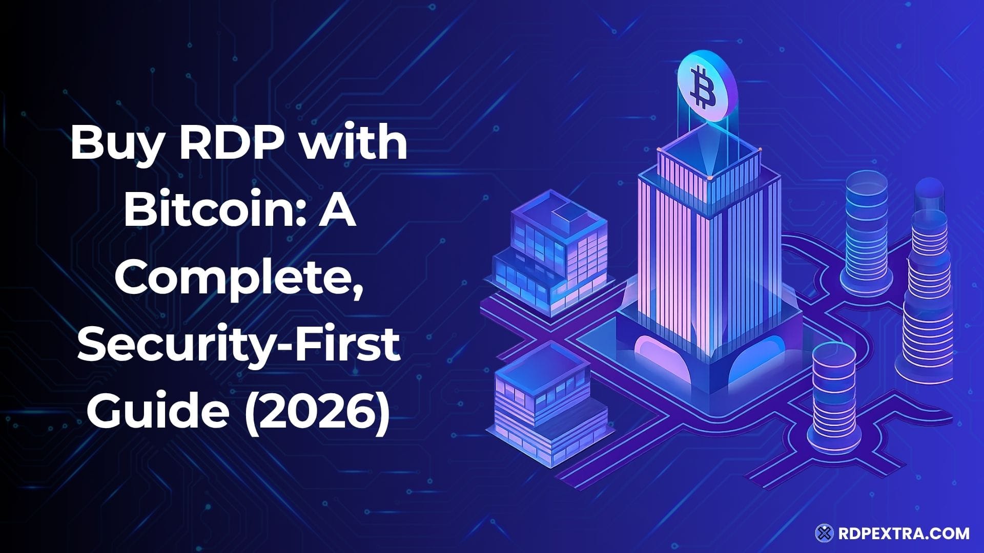 Illustration of a futuristic data center with a Bitcoin symbol above a server, promoting a 2026 guide on buying RDP with Bitcoin. The graphic includes the title "Buy RDP with Bitcoin: A Complete, Security-First Guide (2026)" and RDPExtra branding.