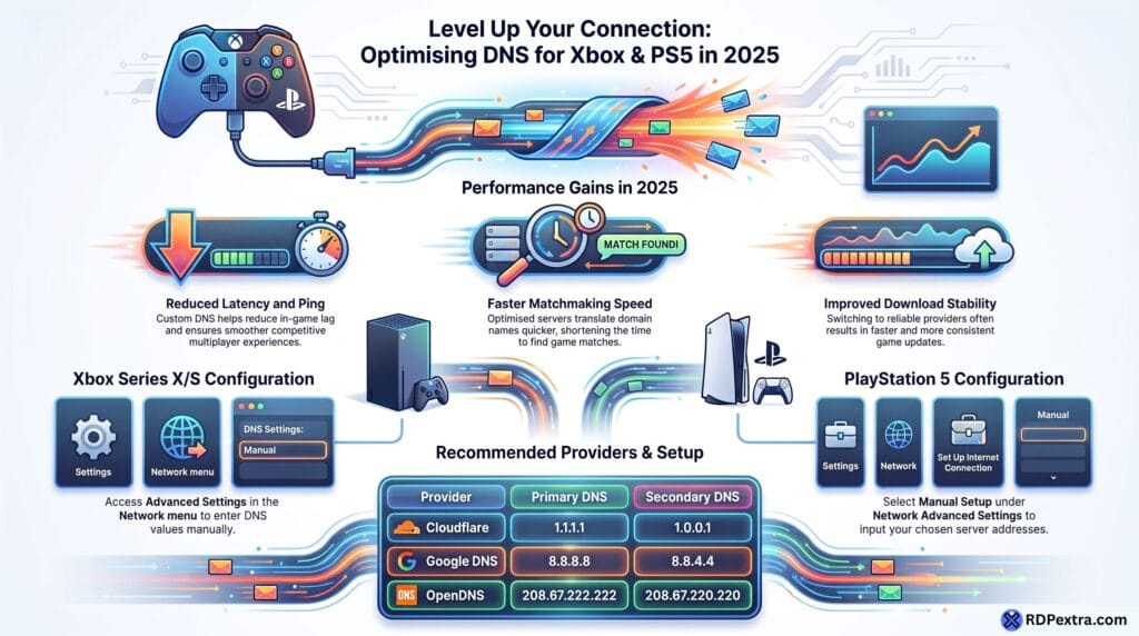 Infographic showing how to optimise DNS settings for Xbox Series X/S and PlayStation 5 in 2025. It highlights lower latency, faster matchmaking, improved download stability, setup steps for both consoles, and recommended DNS providers including Cloudflare (1.1.1.1), Google DNS (8.8.8.8), and OpenDNS (208.67.222.222).
