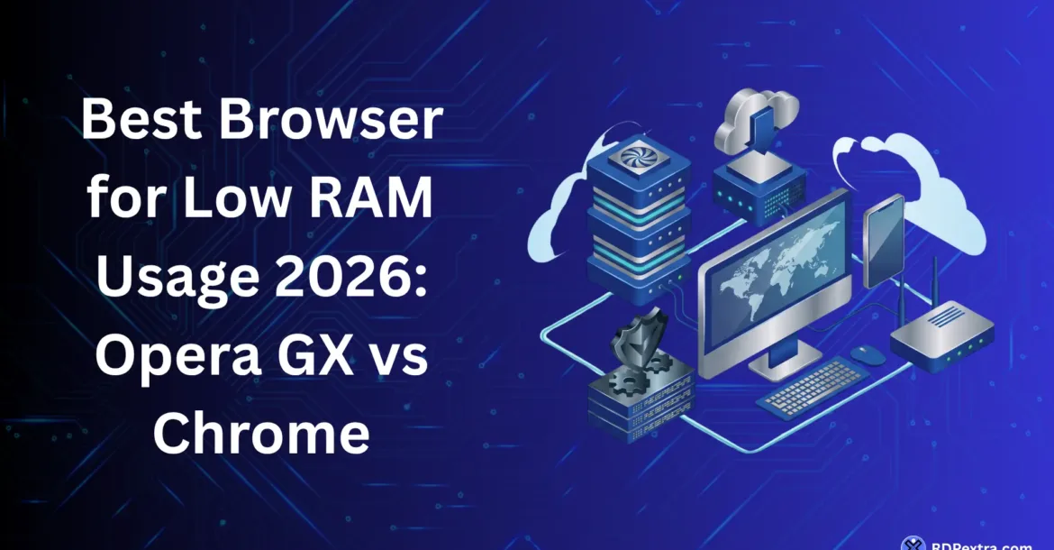 Best browser for low RAM usage in 2026, comparing Opera GX and Google Chrome with a computer and technology-themed illustration.