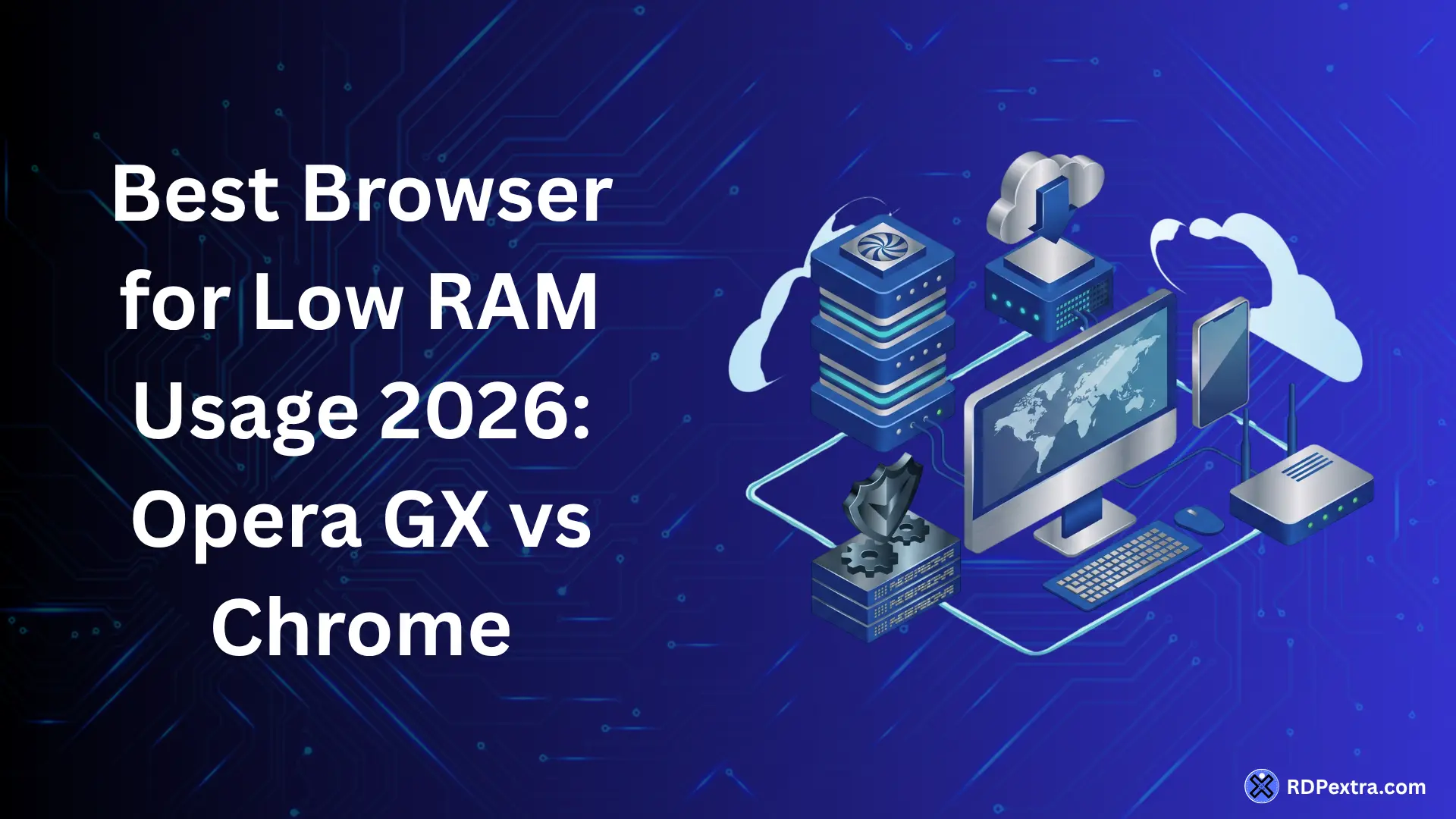 Best browser for low RAM usage in 2026, comparing Opera GX and Google Chrome with a computer and technology-themed illustration.