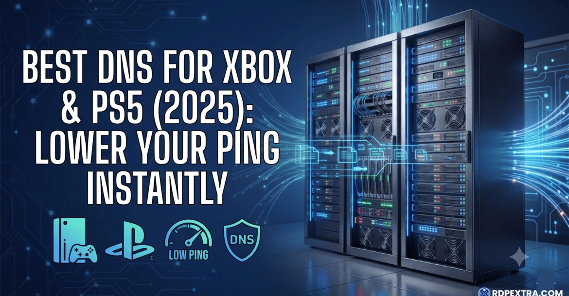 Infographic showing the best DNS settings for Xbox and PS5 in 2025 to reduce gaming latency, improve matchmaking, and optimize online gaming performance with faster DNS servers.
