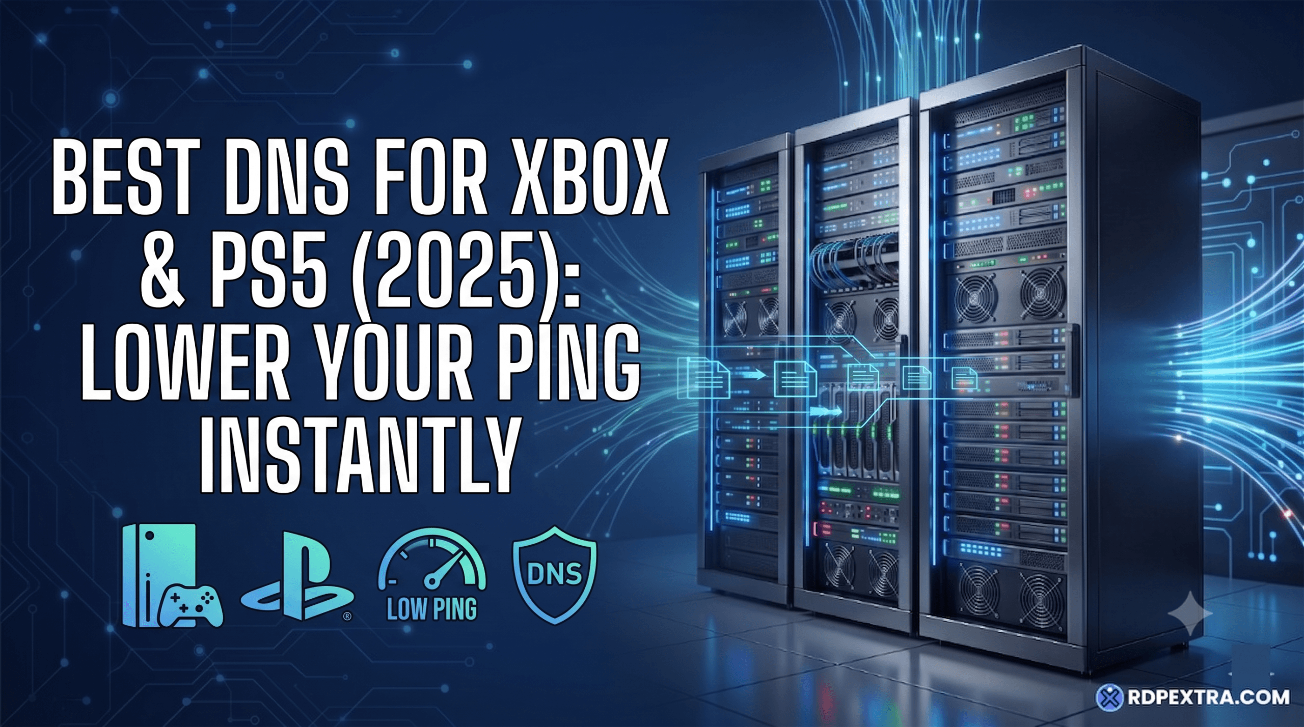 Infographic showing the best DNS settings for Xbox and PS5 in 2025 to reduce gaming latency, improve matchmaking, and optimize online gaming performance with faster DNS servers.