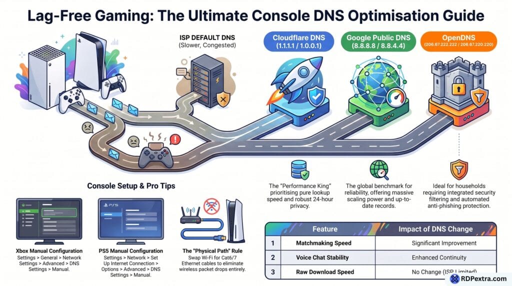 Infographic comparing ISP DNS, Cloudflare DNS, Google Public DNS, and OpenDNS for Xbox and PS5, including setup instructions, gaming performance benefits, and console network optimization tips.