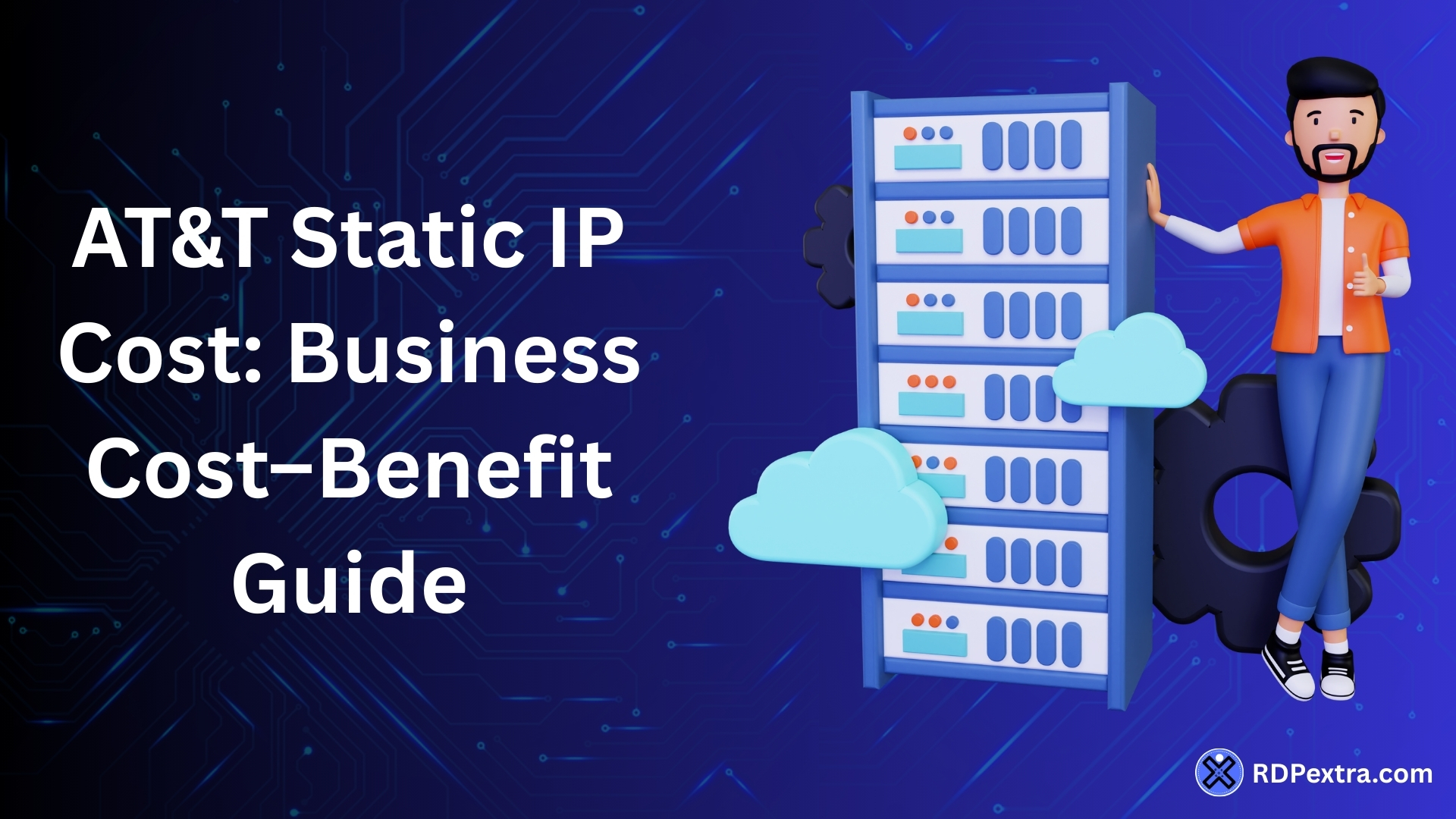 AT&T Static IP cost and business cost-benefit guide illustration showing server rack, cloud icons, and IT professional