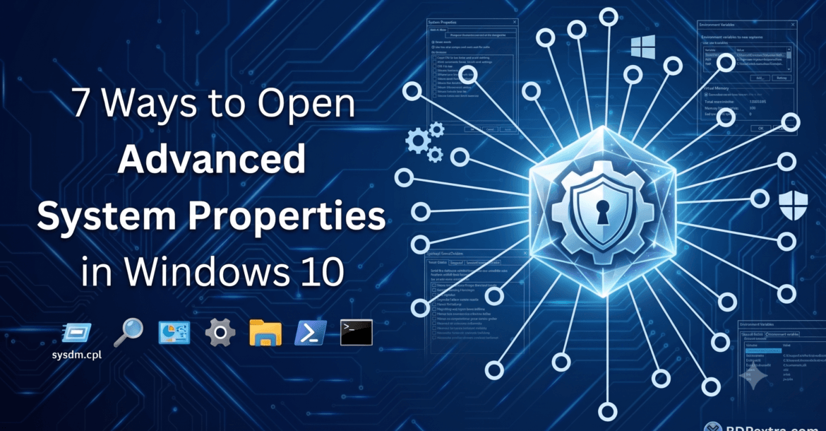 Infographic showing seven ways to open Advanced System Properties in Windows 10, including sysdm.cpl, Run command, Settings, File Explorer, PowerShell, Command Prompt, and Control Panel.