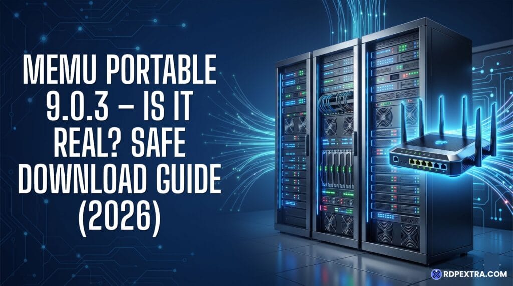 MEmu Portable 9.0.3 safe download guide infographic featuring server racks and a wireless router, explaining whether an official portable version exists and how to download MEmu safely.