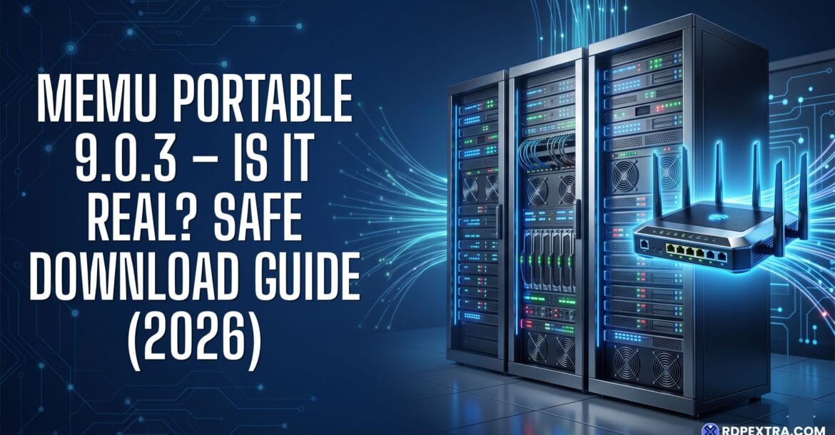 MEmu Portable 9.0.3 safe download guide infographic featuring server racks and a wireless router, explaining whether an official portable version exists and how to download MEmu safely.