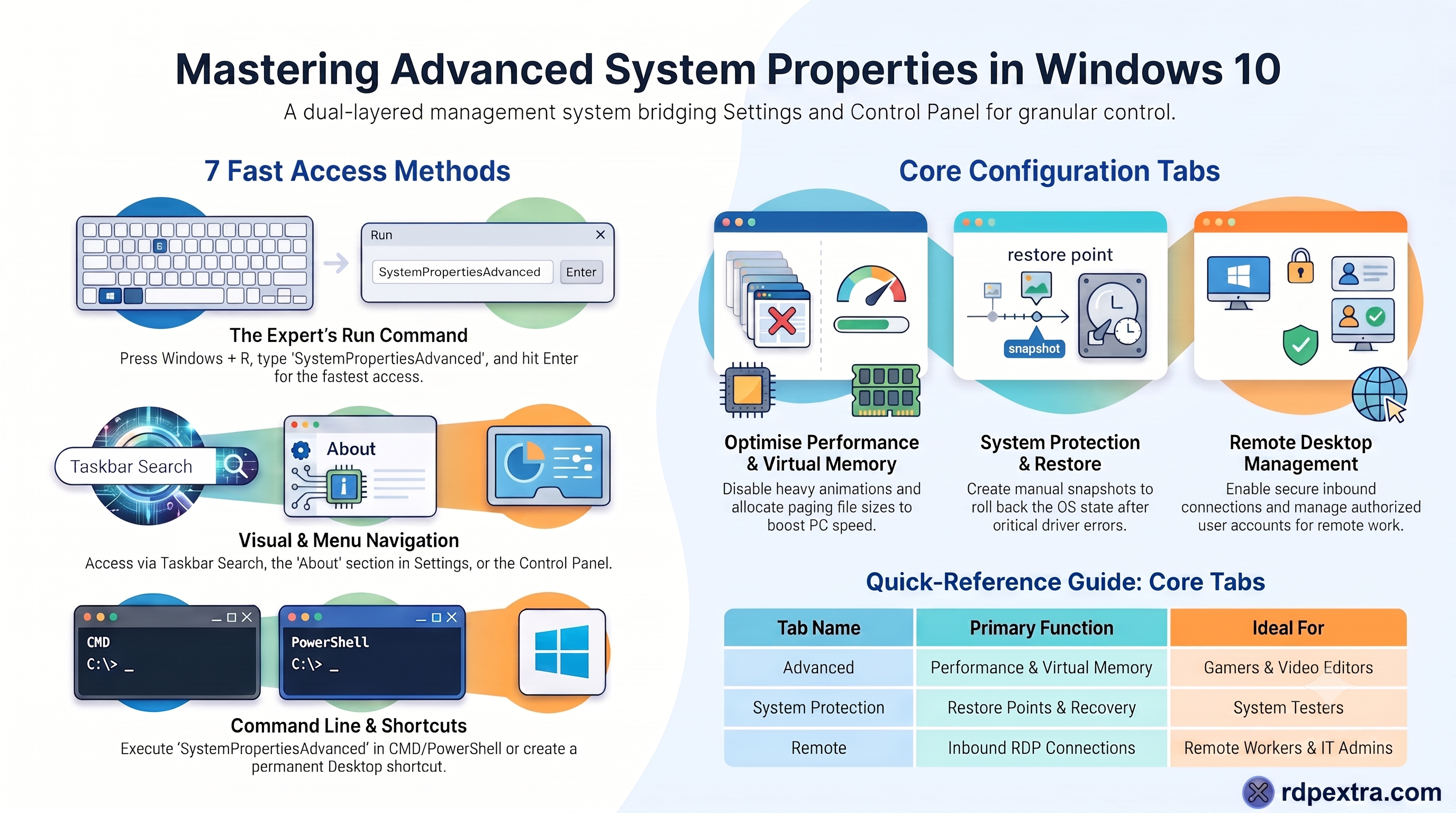Infographic explaining Advanced System Properties in Windows 10, including seven access methods, performance settings, virtual memory, system protection, restore points, remote desktop management, and core configuration tabs.