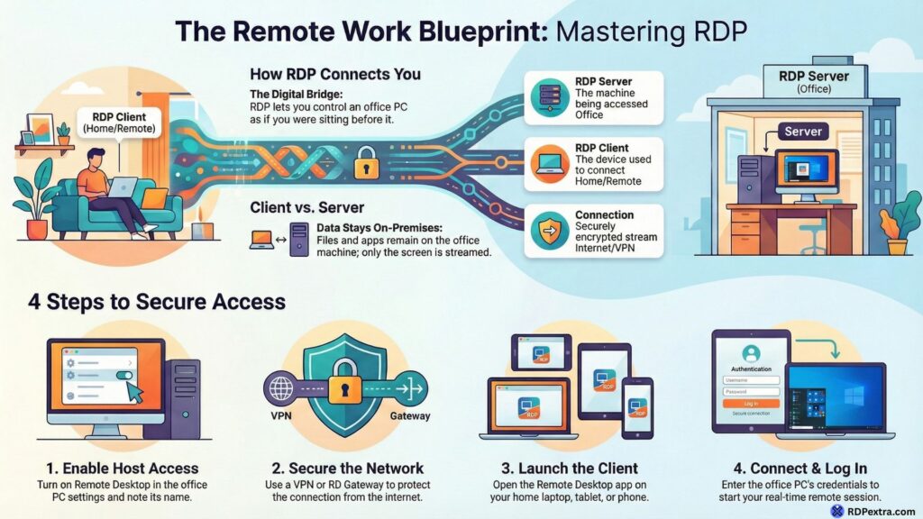 Remote Desktop Protocol infographic showing how RDP connects home users to office computers with secure access steps