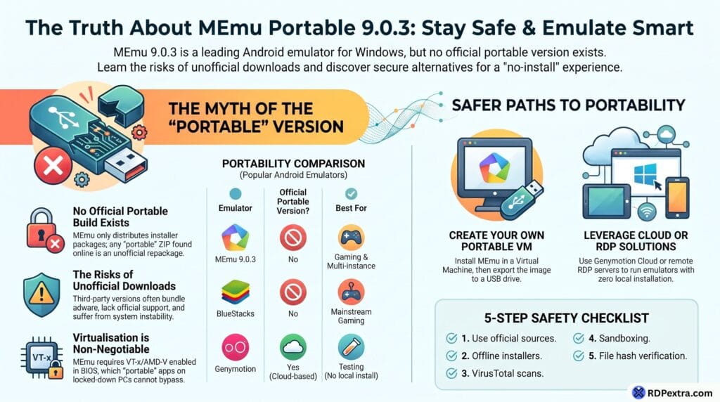 Infographic explaining MEmu Portable 9.0.3, showing that no official portable version exists, comparing Android emulator portability, outlining download risks, and presenting safe alternatives such as virtual machines and cloud-based emulators.