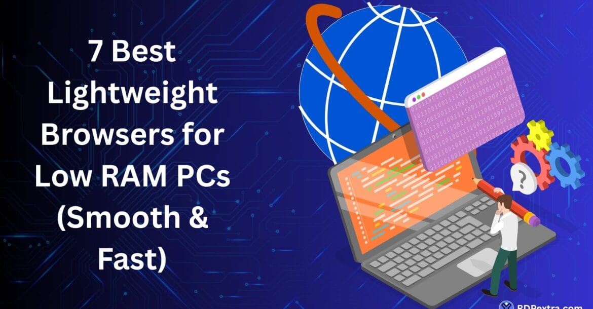 Illustration of seven lightweight browsers for low RAM PCs, featuring fast browser options for older computers and systems with limited memory.