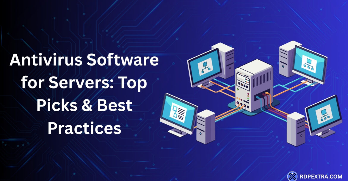 Antivirus software for servers showing a central server connected to multiple networked systems for security protection.