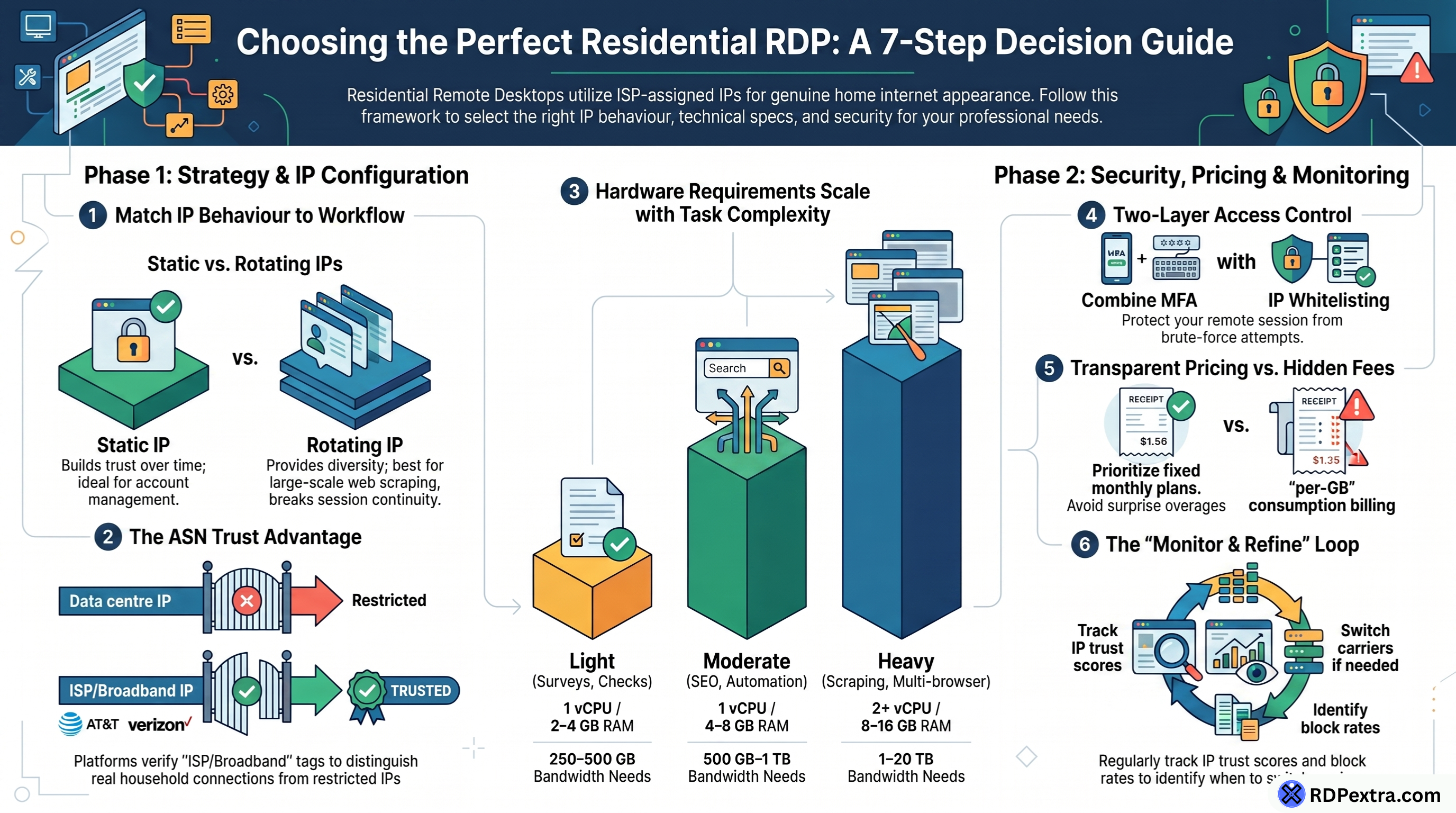 Residential RDP selection guide comparing static vs rotating IPs, hardware requirements, security features, pricing, and monitoring best practices.