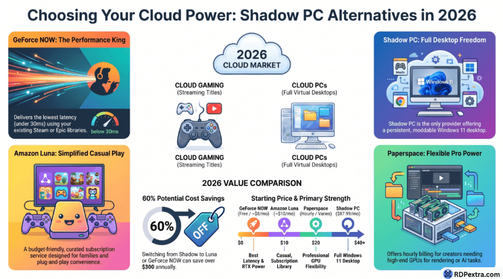 Infographic comparing Shadow PC alternatives in 2026 including GeForce NOW, Amazon Luna, Paperspace, cloud gaming, and cloud PCs.