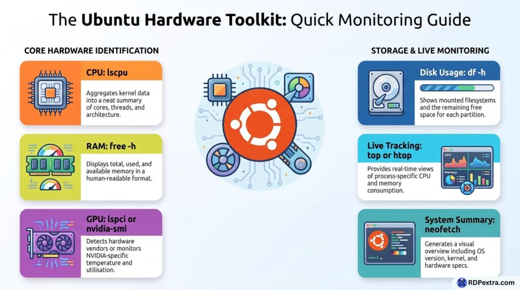 Infographic showing essential Ubuntu commands to check CPU, RAM, GPU, disk usage, live system monitoring, and overall hardware information.