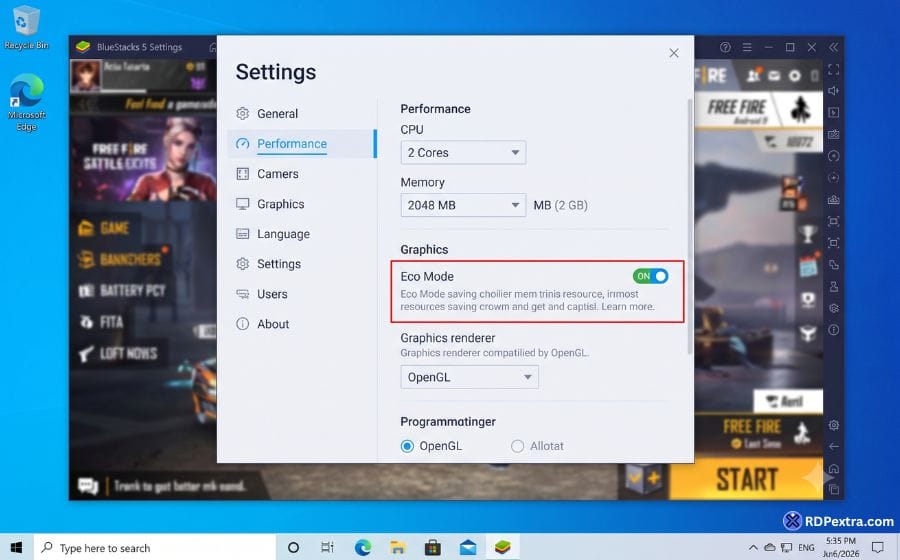 BlueStacks 5 Eco Mode settings panel — resolution 1280x720, FPS cap 30, Eco Mode enabled for 4 GB RAM low-end PC