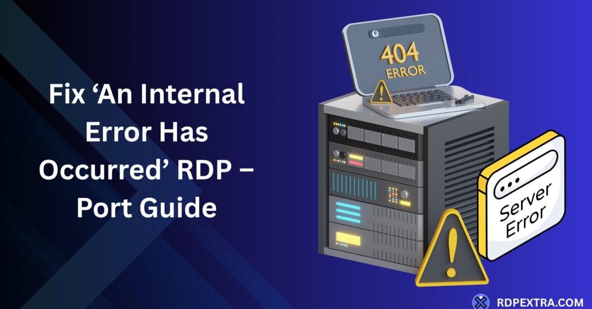 Banner for fixing the RDP An Internal Error Has Occurred message, with a server rack and alerts