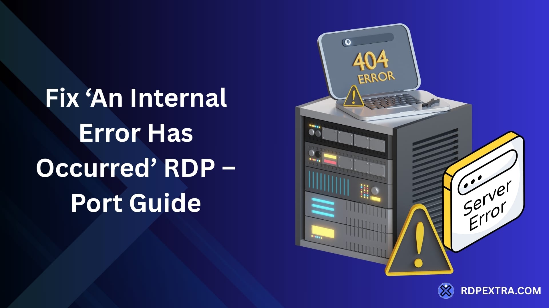 Banner for fixing the RDP An Internal Error Has Occurred message, with a server rack and alerts