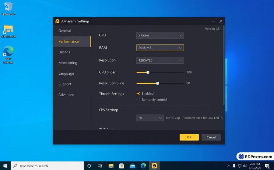 LDPlayer 9 performance settings panel — CPU set to 2 cores, 2048 MB RAM, 1280x720 resolution, 30 FPS cap on a 4 GB low-end PC