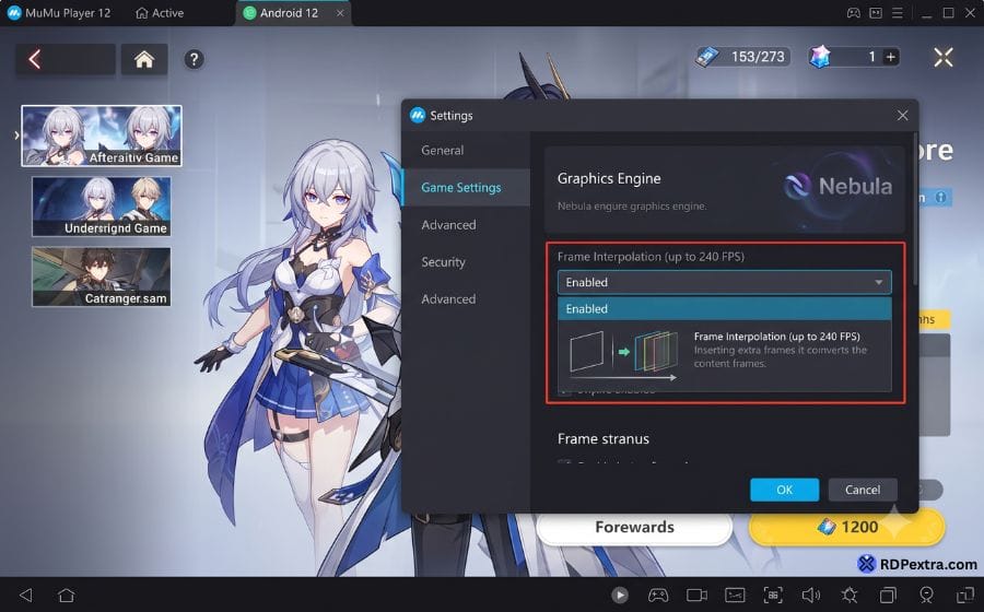 MuMu Player 12 with Nebula engine on 4 GB RAM PC — frame interpolation enabled, Android 12, settings panel visible