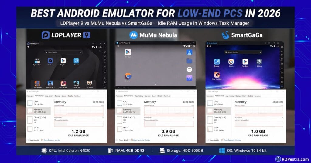 Android emulator comparison on low-end PC — LDPlayer 9, MuMu Nebula, and SmartGaGa idle RAM measured in Windows Task Manager
