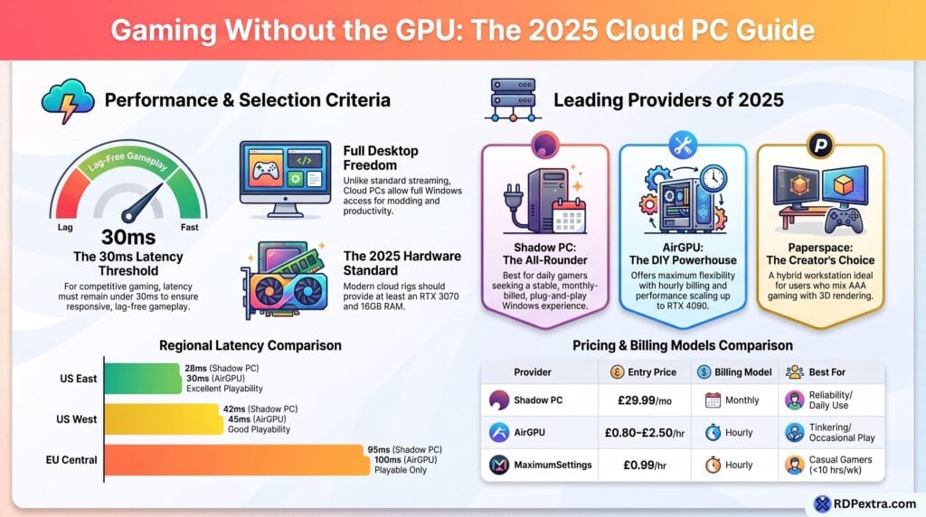 Gaming Without the GPU: 2025 Cloud PC Guide infographic comparing cloud gaming providers, latency benchmarks, hardware requirements, regional performance, and pricing models for Shadow PC, AirGPU, and Paperspace.