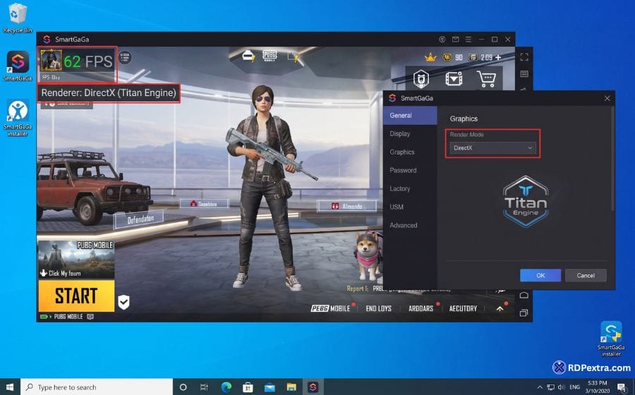 SmartGaGa emulator running PUBG Mobile on Intel integrated graphics with Titan Engine — no VT required, approximately 60 FPS on medium settings