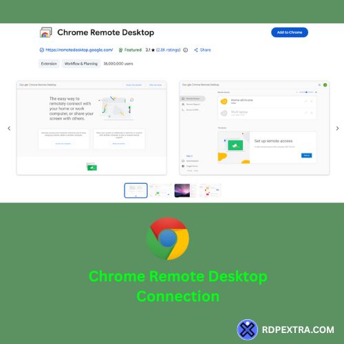 Screenshot of the Chrome Web Store page for the Chrome Remote Desktop extension, showing two preview screens, its high rating, and an "Add to Chrome" button.