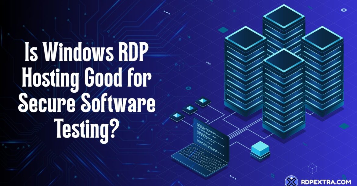 Illustration of a laptop connected to server racks, visually representing Windows RDP Hosting being used for secure software testing environments.