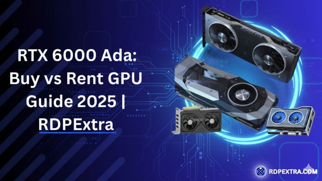 Graphic showing multiple RTX GPUs floating over a blue tech background with circuit patterns. The text reads “RTX 6000 Ada: Buy vs Rent GPU Guide 2025 | RDPExtra.”