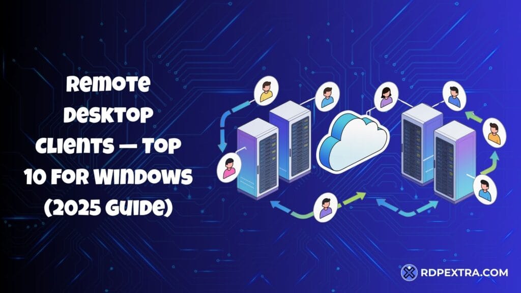 Diagram showing users connecting to multiple remote server racks and a central cloud, illustrating a remote desktop connection network.