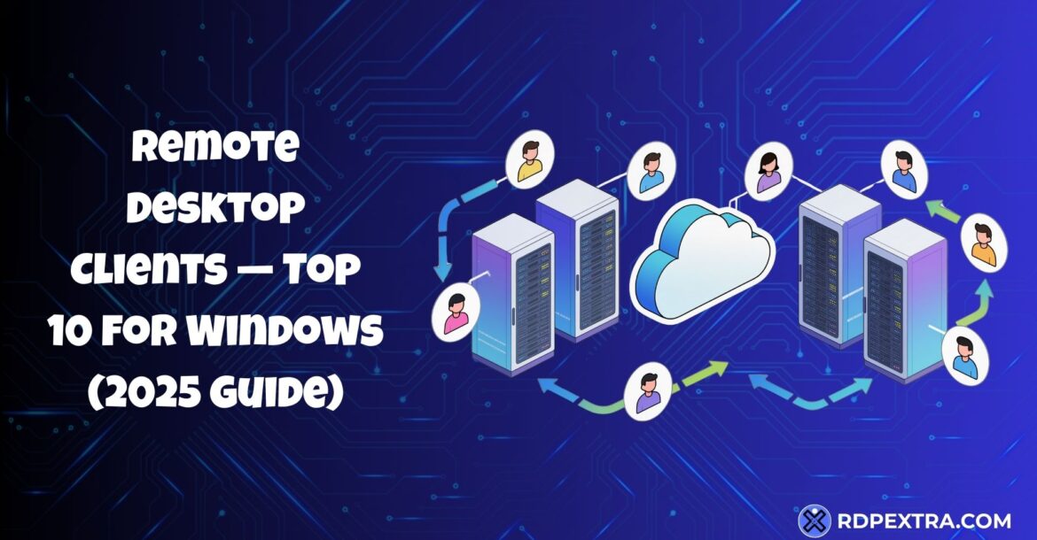 Diagram showing users connecting to multiple remote server racks and a central cloud, illustrating a remote desktop connection network.