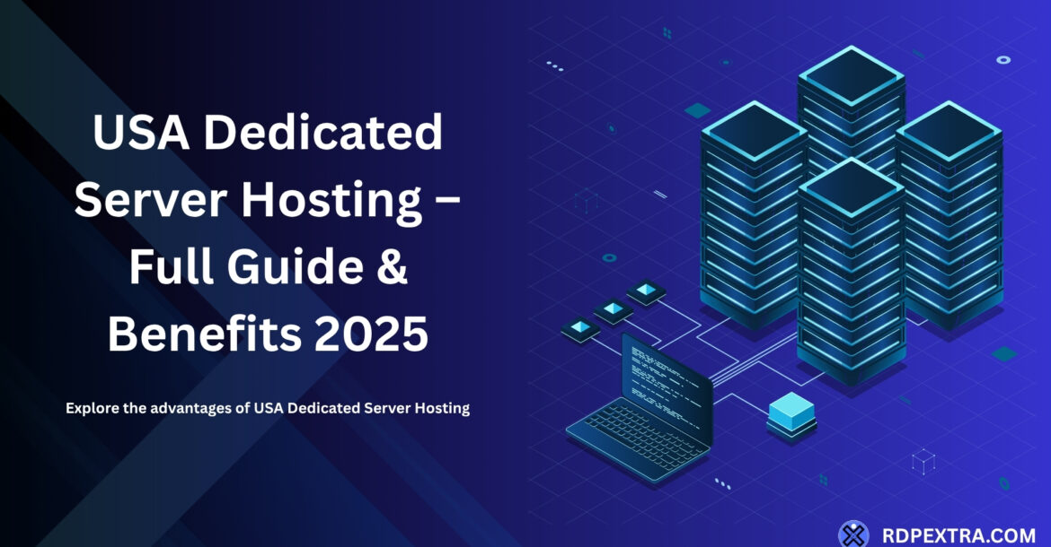 Illustration of USA dedicated server hosting setup showing data servers and laptop for 2025 hosting guide.
