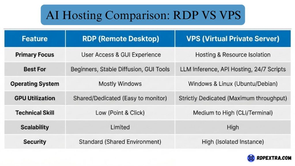 AI hosting comparison table showing RDP vs VPS for model training, LLM inference, GPU usage, scalability, and security.