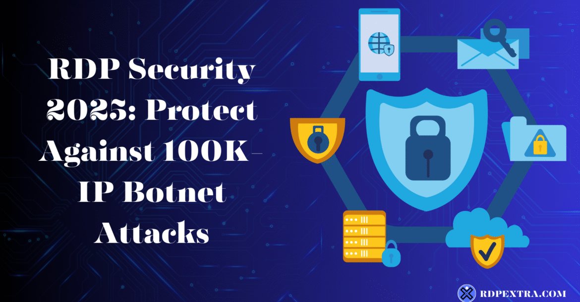 Illustration showing RDP security protection in 2025 with a shield and lock, defending servers against large scale 100K IP botnet attacks.