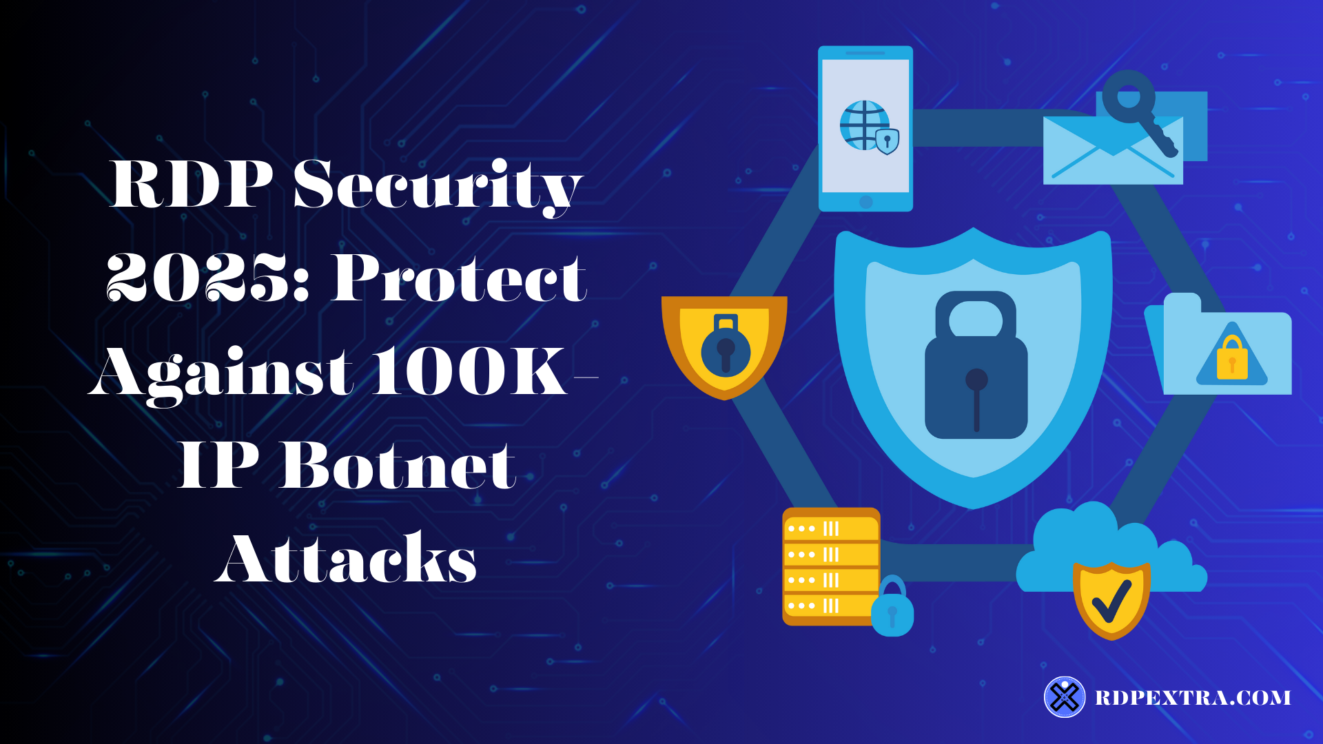 Illustration showing RDP security protection in 2025 with a shield and lock, defending servers against large scale 100K IP botnet attacks.